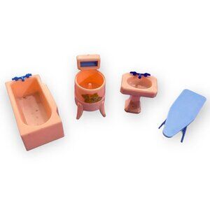 Vtg Renwal Dollhouse Furniture Pink Bathroom Set Bathtub, Sink, Washing, Iron